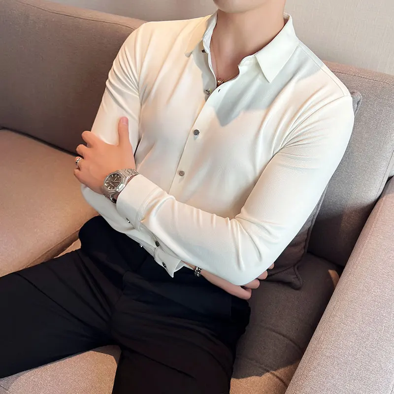Brand Waffle Men Shirts 2022 Autumn Long Sleeve Seamless Casual Business Formal Dress Shirt Slim Fit Social Office Men Clothing