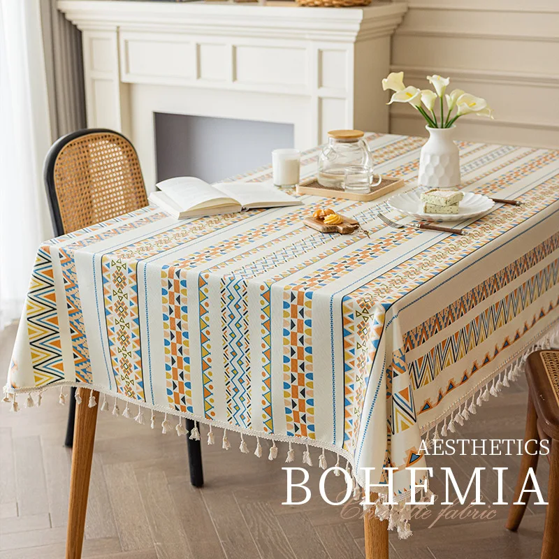 

Bohemian Tablecloth Cotton Linen Washable Ethnic Style Rectangular Tassel Dining Tablecloth Waterproof and Oil Resistant