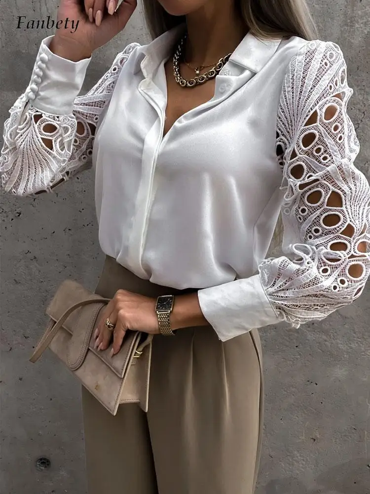 

2022 Fashion Women Sexy Hollow Long Sleeve Embroidery Design Blouse Elegant Commute Solid Office Lady Tops Casual Streetwears