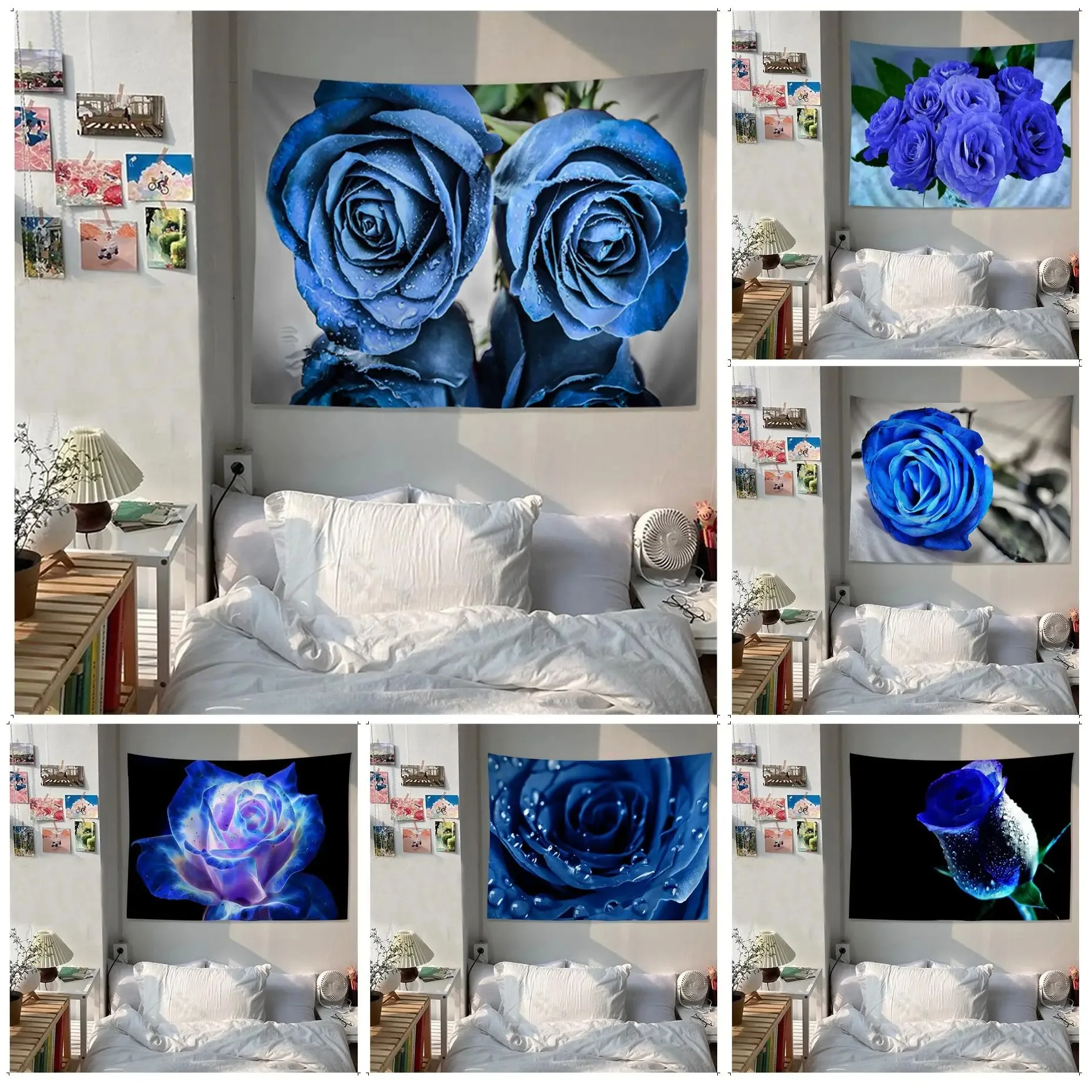 Гобелен для офиса гостиной синяя подвесная ткань с изображением розы домашний