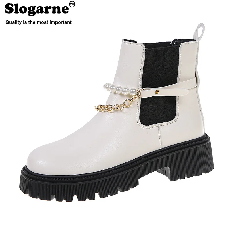 

Female Chelsea Boots Pearl Chain Women's Autumn Winter Short Boots Thick Sole Martin Boots Spring Korean Shoes Leather Bottes