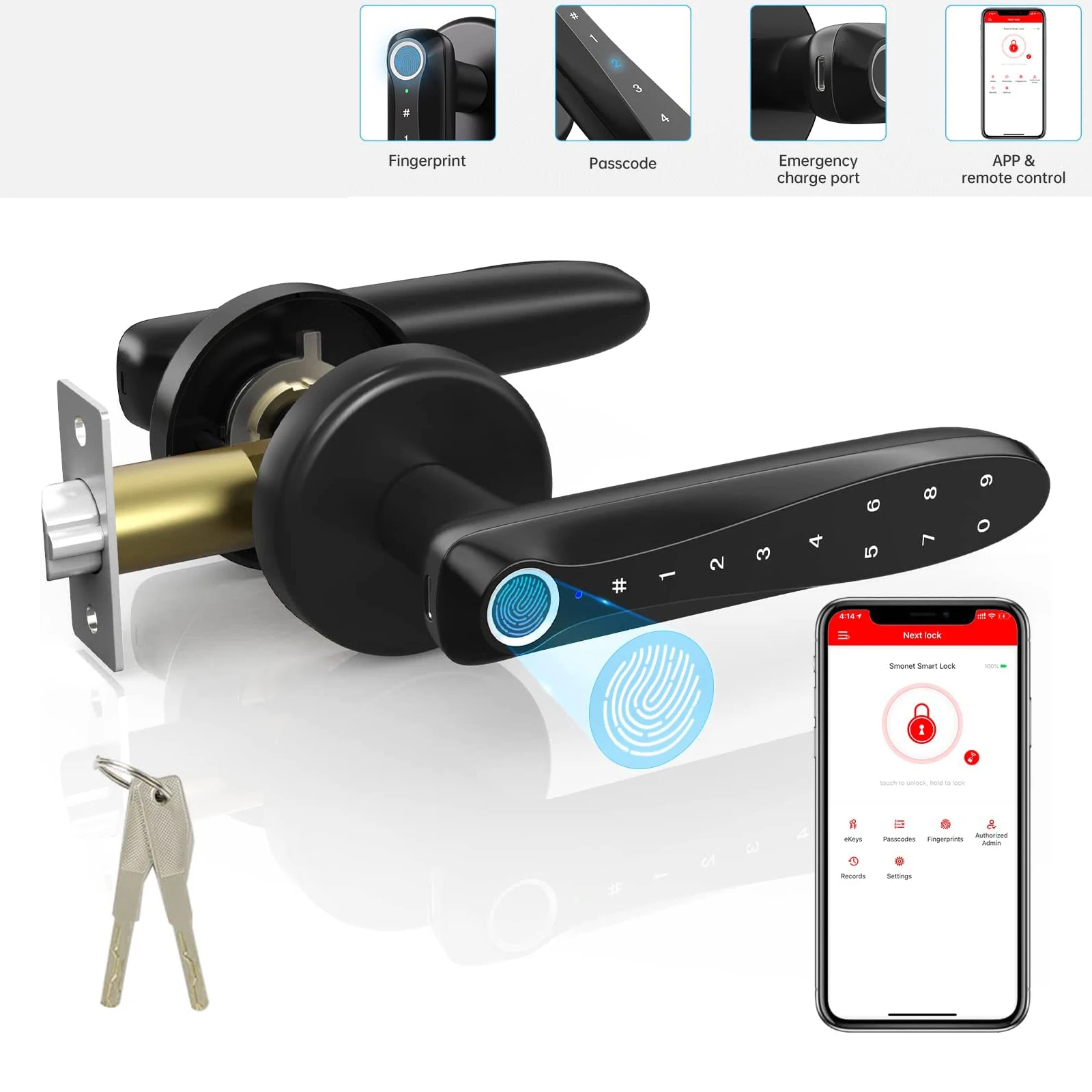 

SMONET Fingerprint Door Lock Keyless Entry Digital Touchscreen Keypad Passcode Key App Unlock WiFi Door Lock with Handle