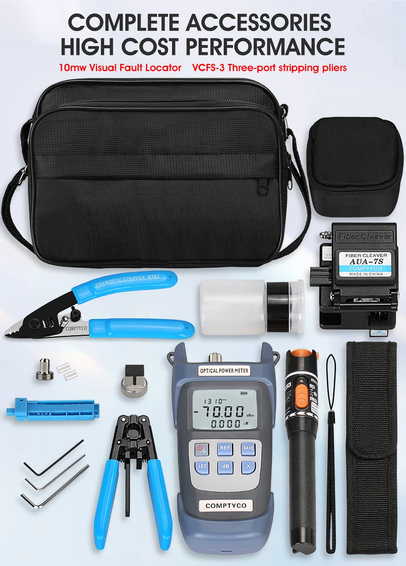 

19pcs/Set FTTH Fiber Tool Kit With Fiber Cleaver Optic Power Meter Kit Fibre Optica VFL 10KM OPM