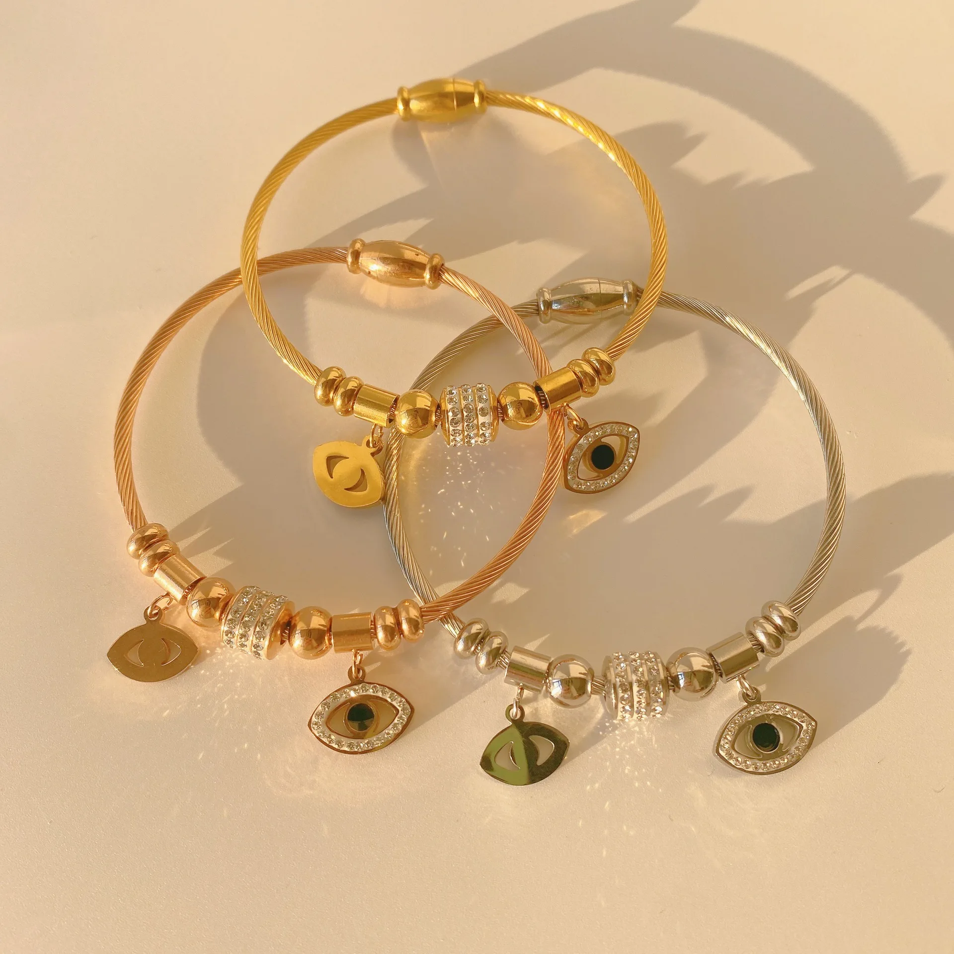 

Fashion Trendy CZ Stainless Steel Evil Eye Crystal Bracelet Rhinestone Tags Cuff Wire Bangle DIY Jewelry