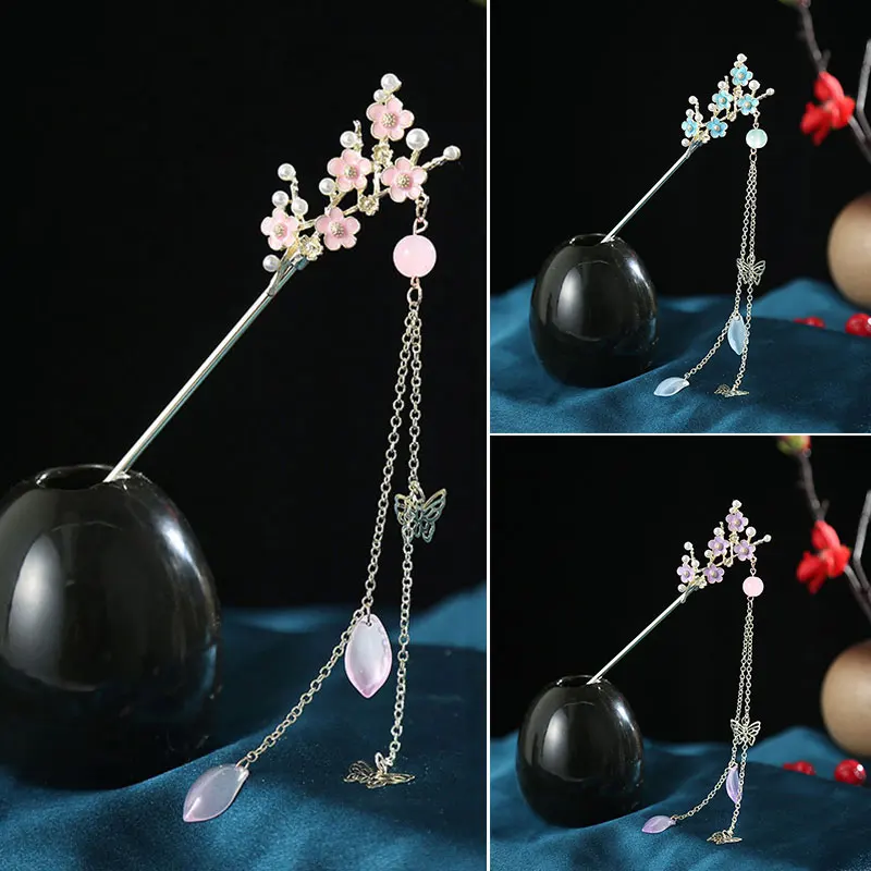 

Vintage Chinese Style Hanfu Hair Stick Plum Bossom Hairpins Clips Long Tassel Hair Chopsticks Hairpin Wedding Bride Hair Jewelry