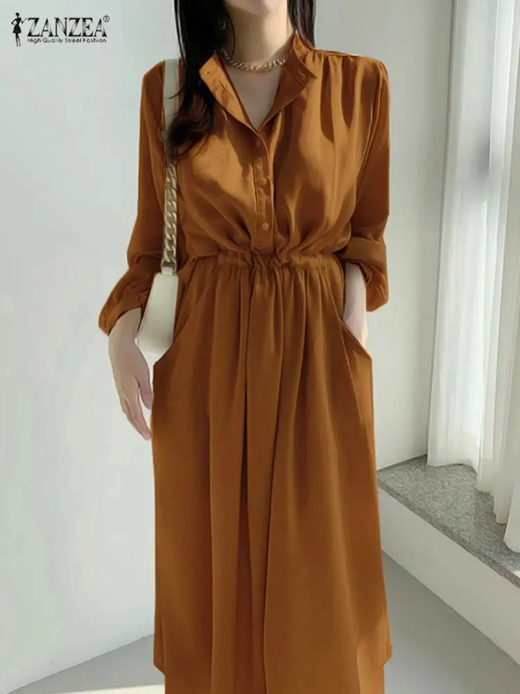 

Платье ZANZEA женское с завязкой на талии, Модный мешковатый Повседневный Сарафан-рубашка с круглым вырезом, на пуговицах, ТРАПЕЦИЕВИДНОЕ Макси-платье с пышными рукавами, в Корейском стиле