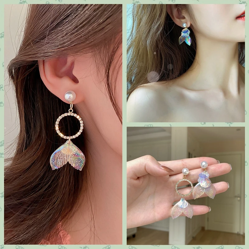 

2023 Korean Fashion Crystal Acrylic Fish Tail Asymmetrical Earrings for Women Trendy Sweet Daily Party Earrings Jewelry Gift