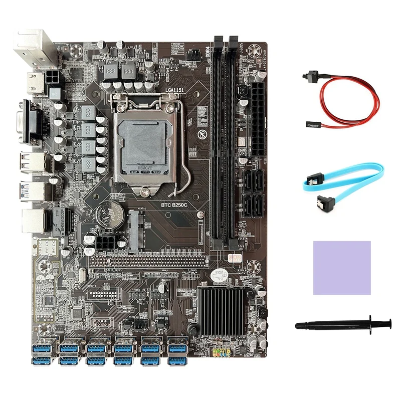 

B250C BTC Mining Motherboard+SATA Cable+Switch Cable+Thermal Pad+Thermal Grease 12XPCIE To USB3.0 GPU Slot Motherboard