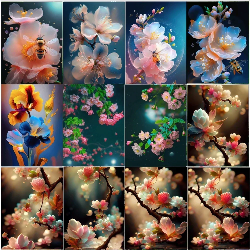 

5D Diamond Painting Cross Stitch Fantasy Flowers and Bees Full Square Mosaic Embroidery Rhinestone Scenery Picture Home Décor