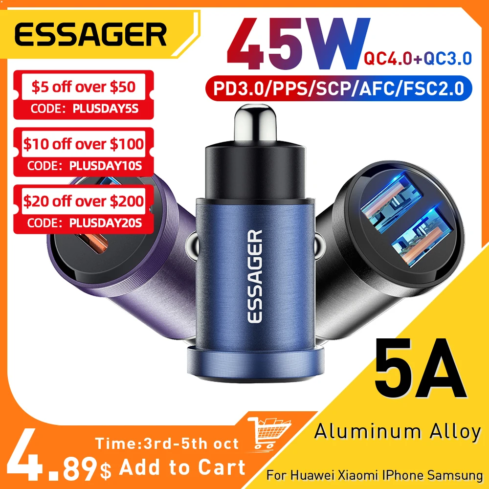 Essager 30W USB Car Charger Quick Charge4.0 QC PD 3.0 SCP 5A USB Type C Car Fast Charging For iPhone 14 13 Huawei Samsung Xiaomi