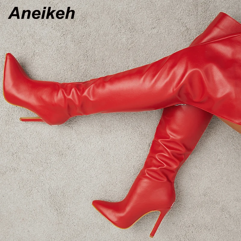 

Aneikeh Rome Style Women's Shoes 2022 Autumn Winter New Fashion Solid PU Pointed Toe Thin High Heel Zippers Over The Knee Boots