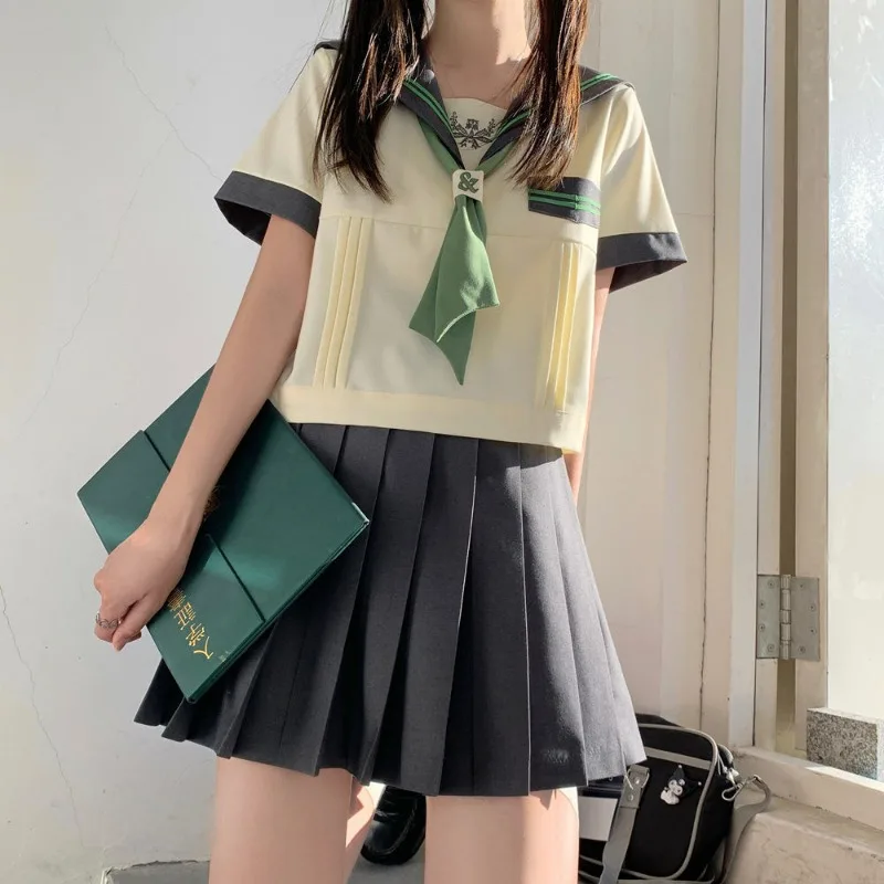 

Summer Womens Original Green Sailor Suit Jk Uniform College Style Navy Collar Short Sleeve Top+black Pleated Skirt Two-piece Set