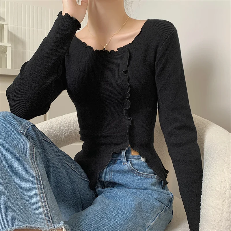 Офисные женские кавайные Лепестковые кружевные дизайнерские облегающие вязаные