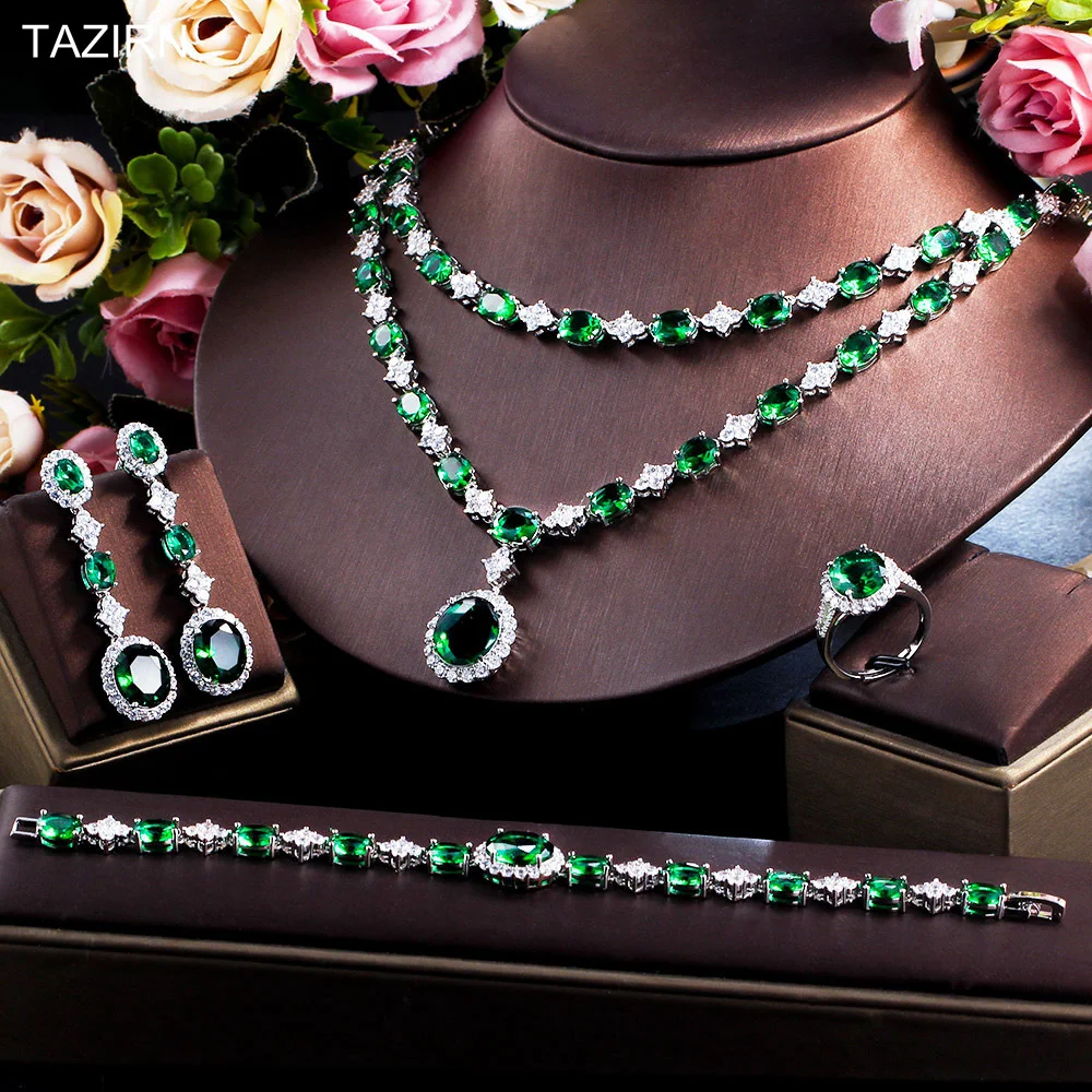 

Luxury 3A Cubic Zirconia Two Tiered Emerald Wedding Jewelry Set for Women Dubai 4Pcs CZ Necklace Bracelet Earrings and Rings Set