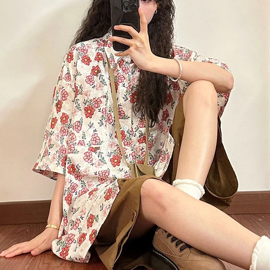 Японские Аниме милые рубашки с цветами парные унисекс блузка большого размера