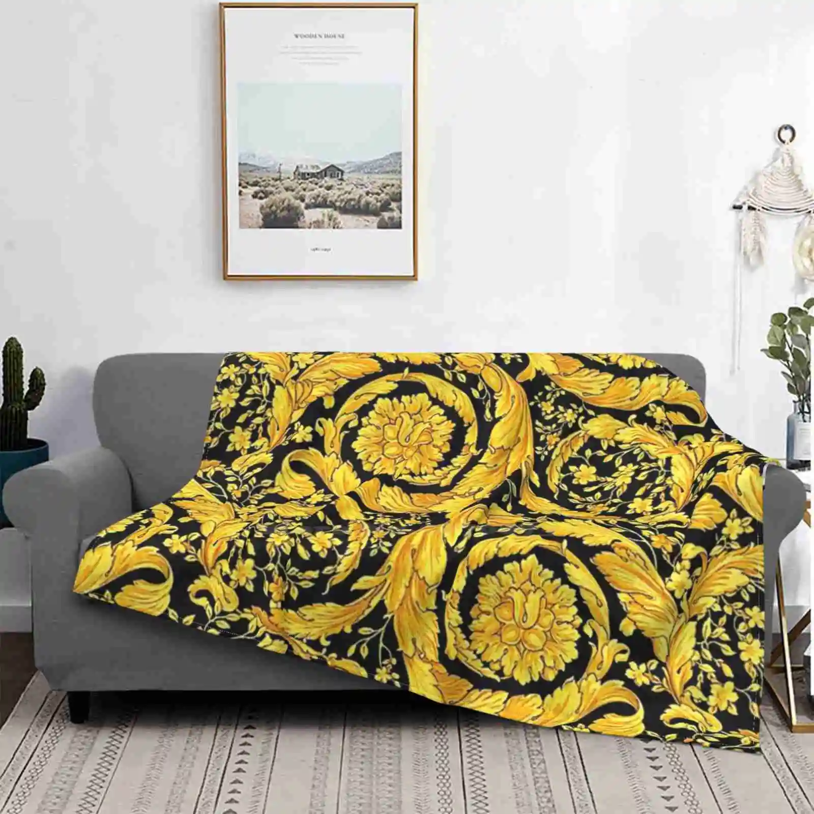 Gold Floral Pattern Throw Blanket Creative Design Light Thin Soft Flannel Blanket Gold Floral Black Luxury Yellow Fashion Gifts