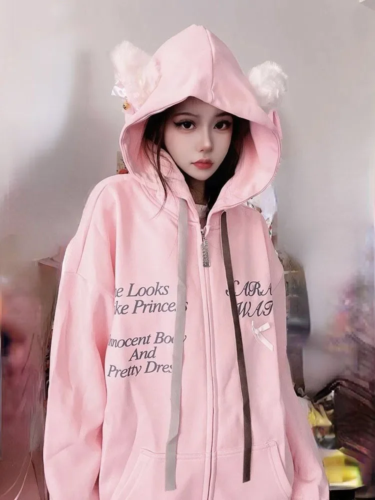 

Женская толстовка с капюшоном, винтажная толстовка с капюшоном и надписью в стиле Харадзюку, Свободный свитшот на молнии, милый кардиган с кошачьими ушками, Y2k, осень 2023