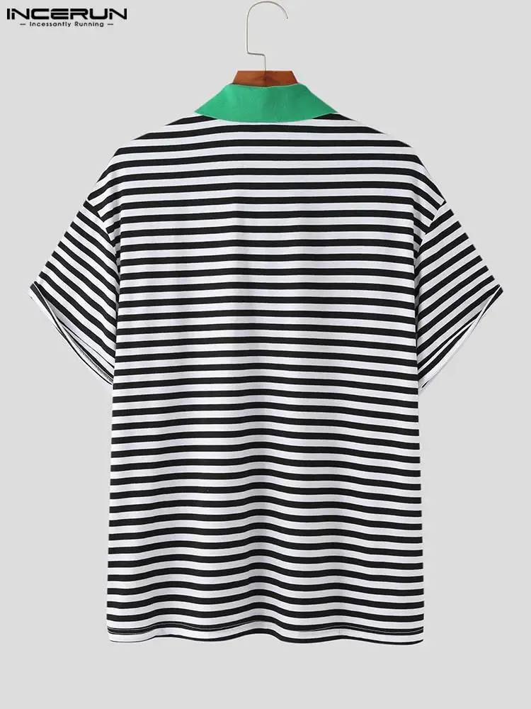 Casual All-match Tops INCERUN Korean Style New Men Knitted Striped Contrast Collar Blouse Stylish Male Short Sleeve Shirts S-5XL