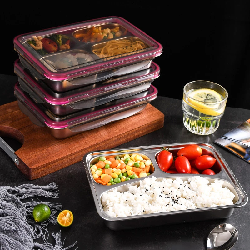 304 Stainless Steel Divided Lunch Box Dinner Plate with Lid Metal Sealed Food Storage Containers School Children Canteen