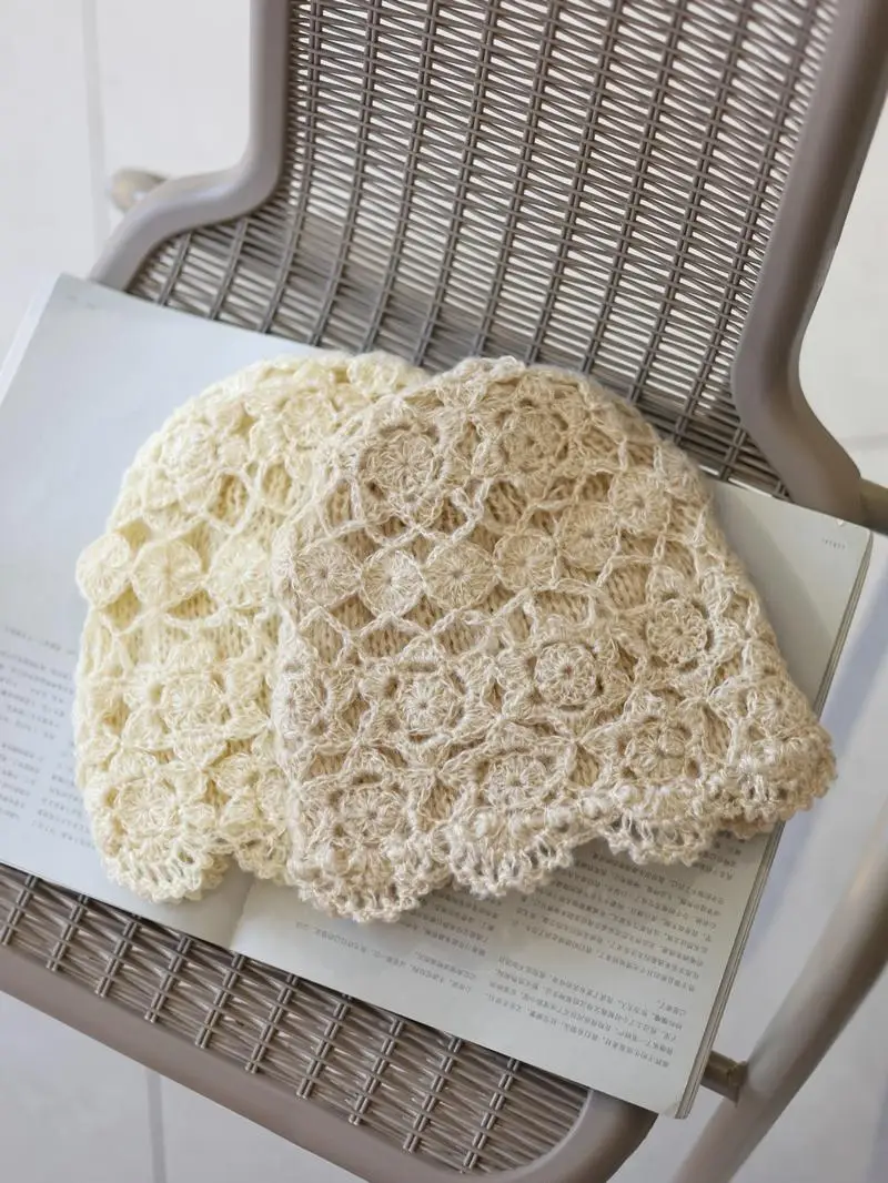 Hat Sle Autumn and Winter Double-Layer Hollow Flower Handmade Woolen Cap Warm All-Match Retro Temperament Knitted Toque Women