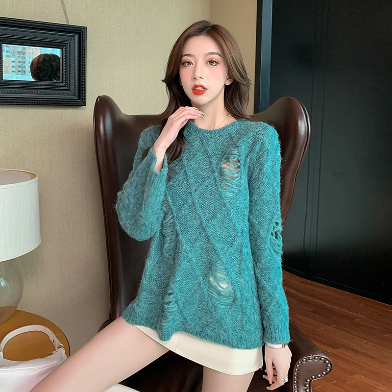 

Loose Fit Hole Ripped Sweaters for Women Korean Fashion Trends Sexy Clothes Teenage Girl Crewneck Knit Pullovers Tops Streetwear