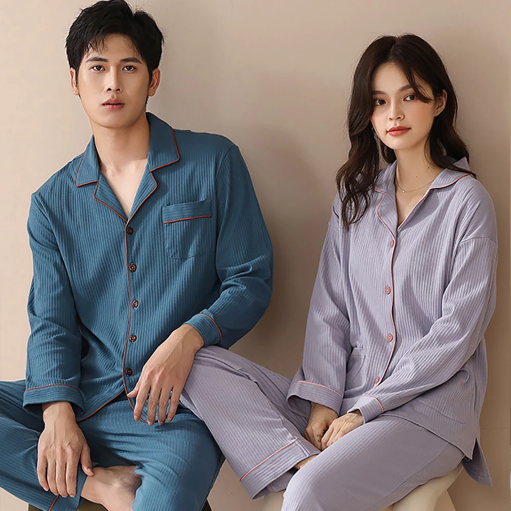 Top Grade 100% Cotton Couple's Pajama Sets Casual Solid Men's Sleepwear PJ Set Spring Autumn Pajamas for Sleeping pijama hombre