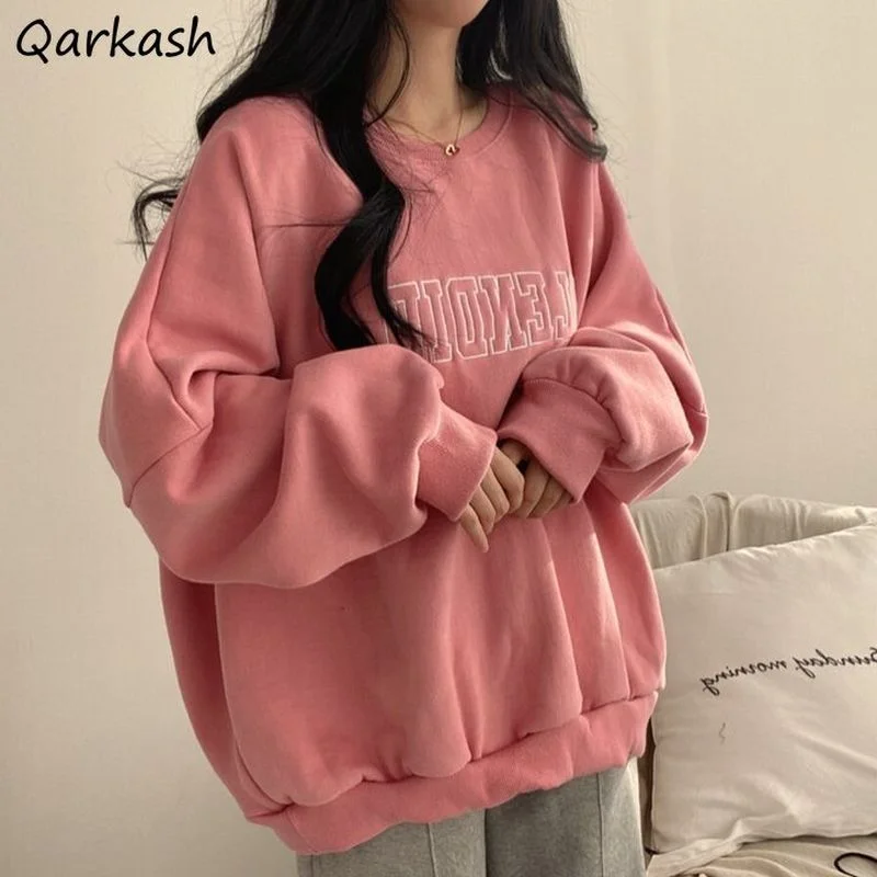 

Women No Hat Hoodies Letter Embroidery Preppy Style M-3XL Loose Sweatshirts Plus Velvet Winter Student All-match Tops Hot Sale