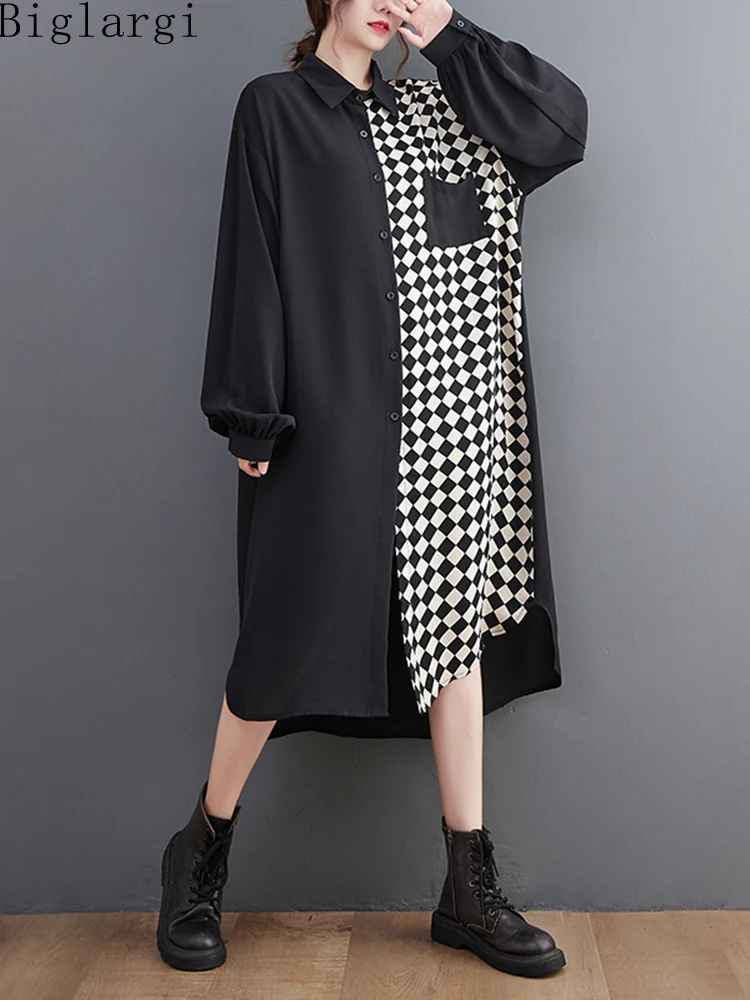 

Oversized Autumn New Patchwork Plaid Loose Dress Women Casual Ladies Womens Cardigan Cotton Dresses 2022 Korea Woman Midi Dress