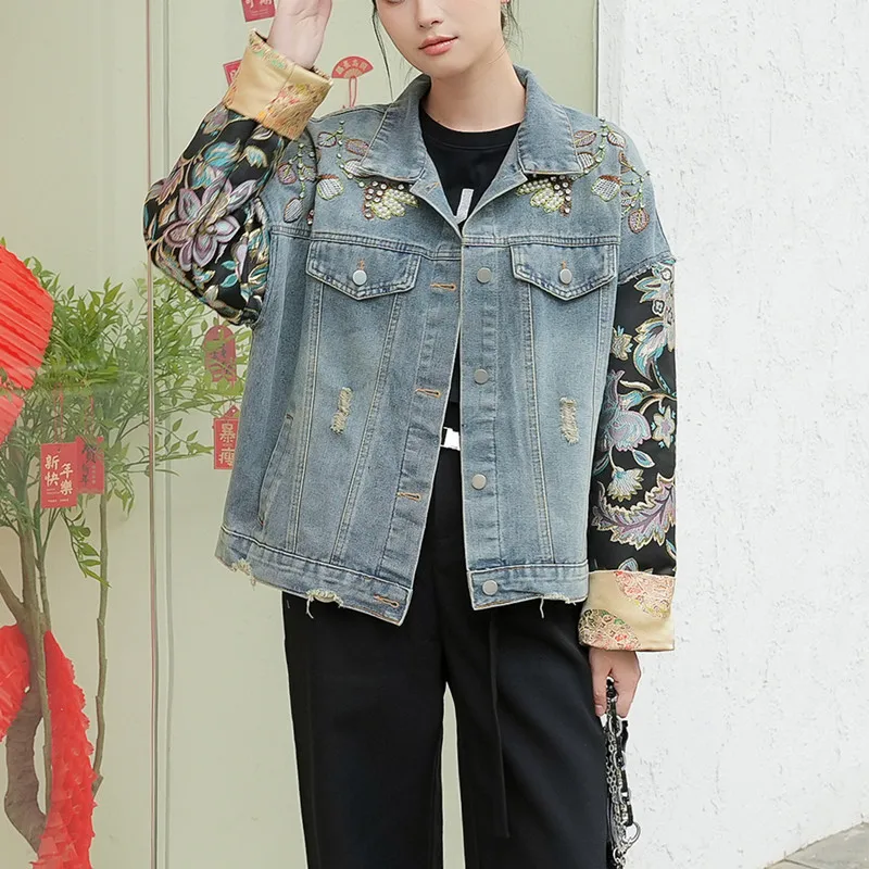 Женская джинсовая куртка в китайском стиле однобортная винтажная пэчворк с
