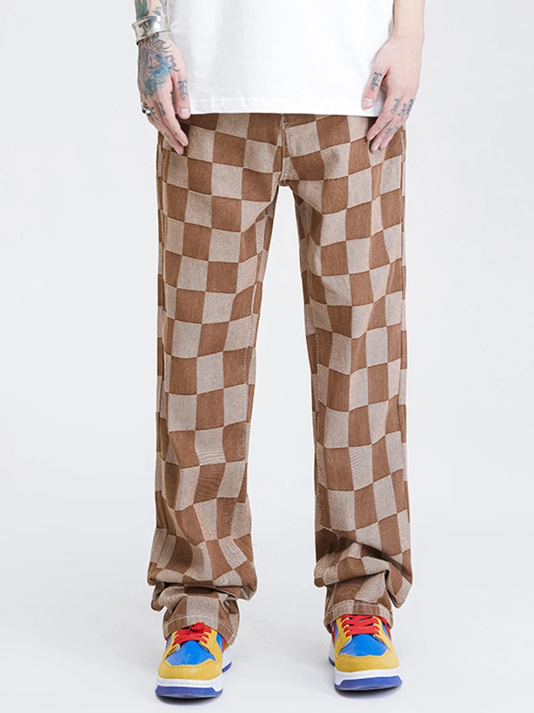 Fashion Men's Jeans Checkerboard Print Pants Korean Trend Loose Straight Street Casual Wide Leg Pants Ins Hot Sale Men's Pants