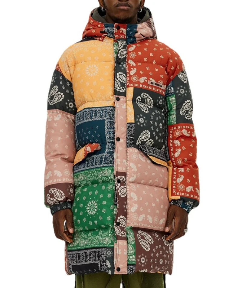 Mens Paisley Printed Hooded Jacket Parka Streetwear Hip Hop Graphic Harajuku Down Jacket Coats Winter Windbreaker Warm Outerwear