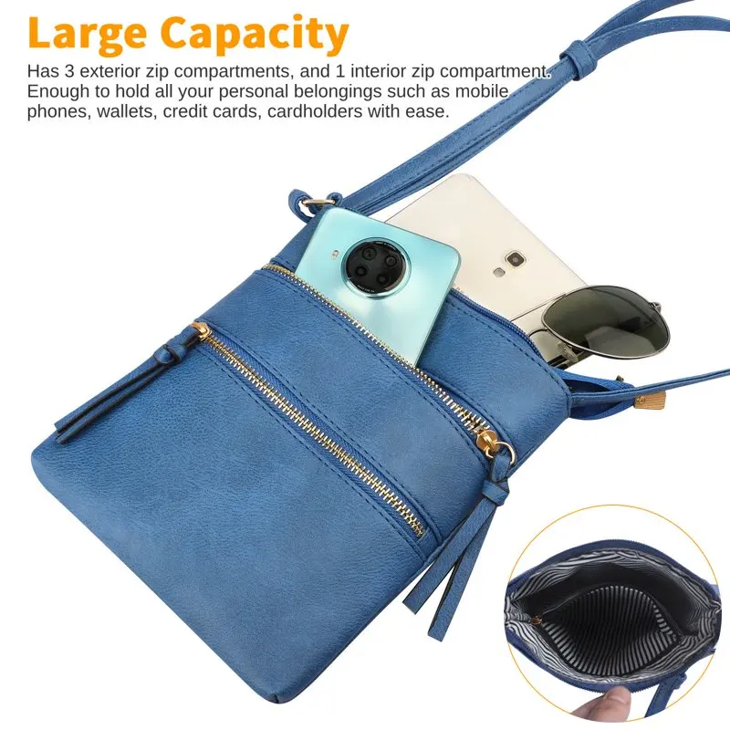 Blue Navy Blue Womens Multi-Pocket Zipper Sling Shoulder Bag, Adjustable Crossbody Purse Bag, Medium Size.