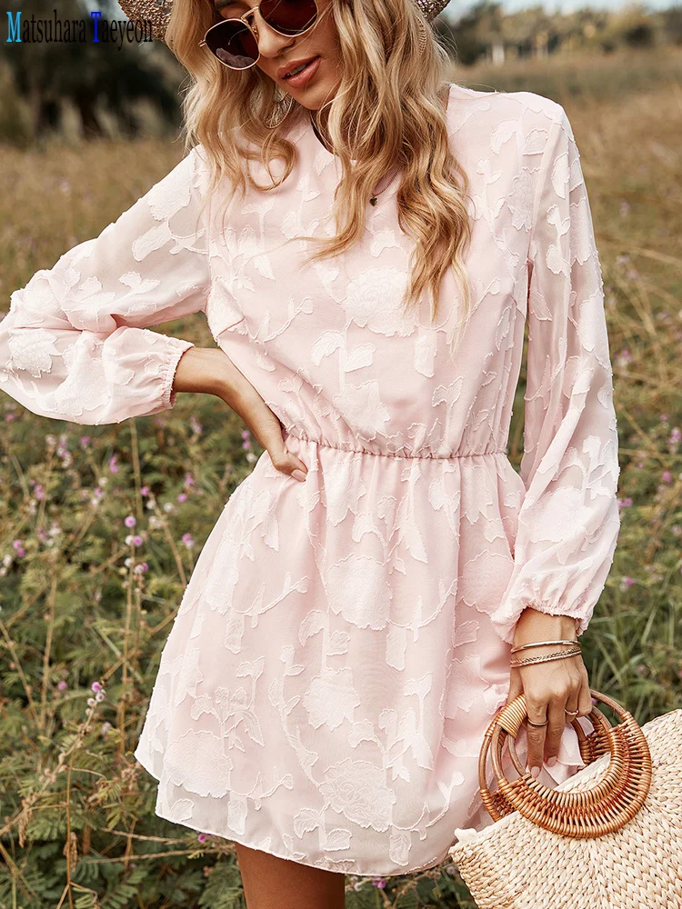 

NEW Spring Solid Dress Chiffon Women O Neck Elastic Waist mini Dress Pink Elegant Long Sleeve Slim Female Party Dress Vestidos