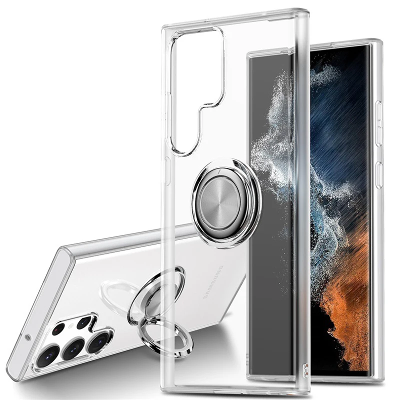 For Samsung Galaxy S23 Ultra Slim Transparent Case S23 S22 Note10 20 Plus Ring Stand Clear TPU Protective Cover S22 Ultra