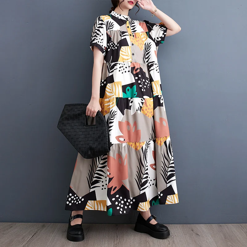 #3291 винтажное платье-рубашка с принтом коротким рукавом свободное разрезом