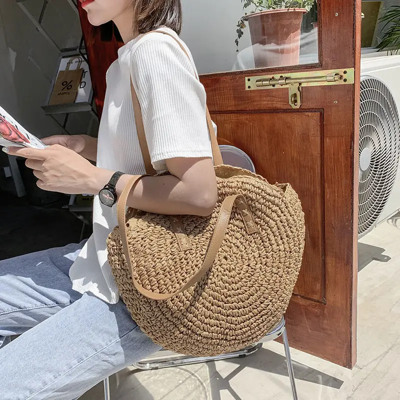 

Wonderlife Straw Beach Bag Vintage Handmade Woven Shoulder Bag Raffia Circle Rattan Bags Bohemian Summer Vacation Casual Bags