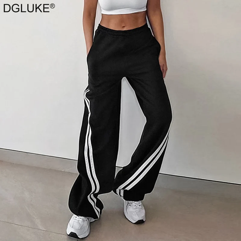 Модные брюки для бега DGLUKE с полосками по бокам женские черные спортивные высокой