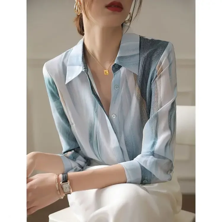 Женская шифоновая рубашка в полоску свободная блузка составного кроя с отложным