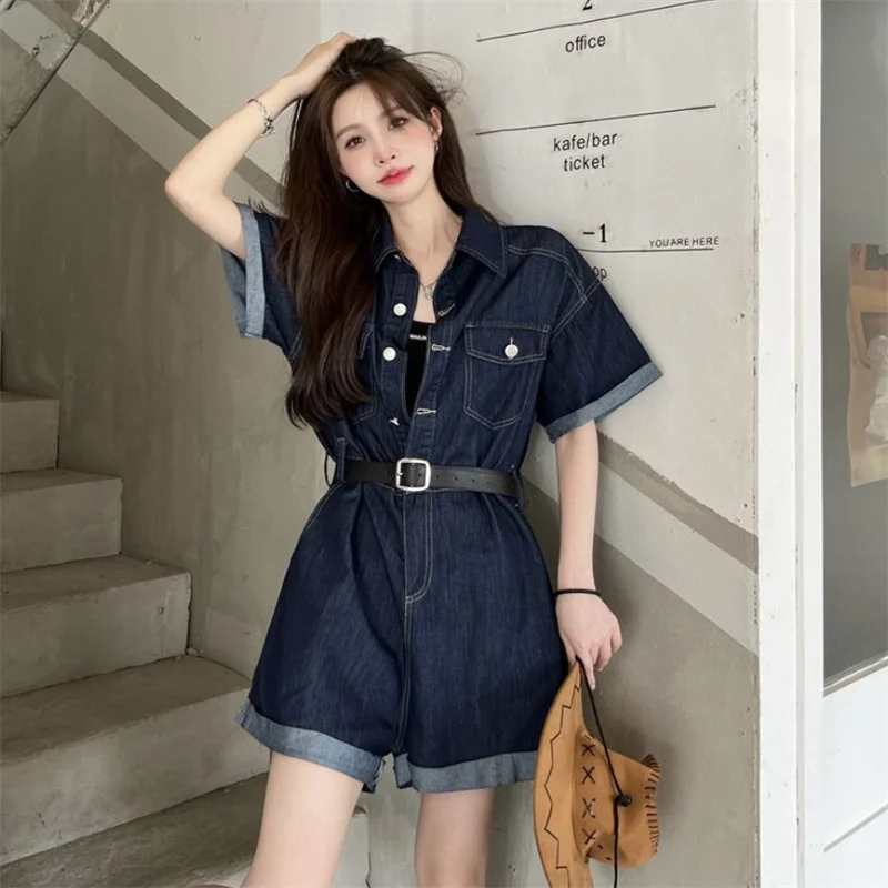 

Blue Denim Short Sleeved Jumpsuit Summer 2022 New Style Retro Chic Washed Waistband Women's Casual Shorts