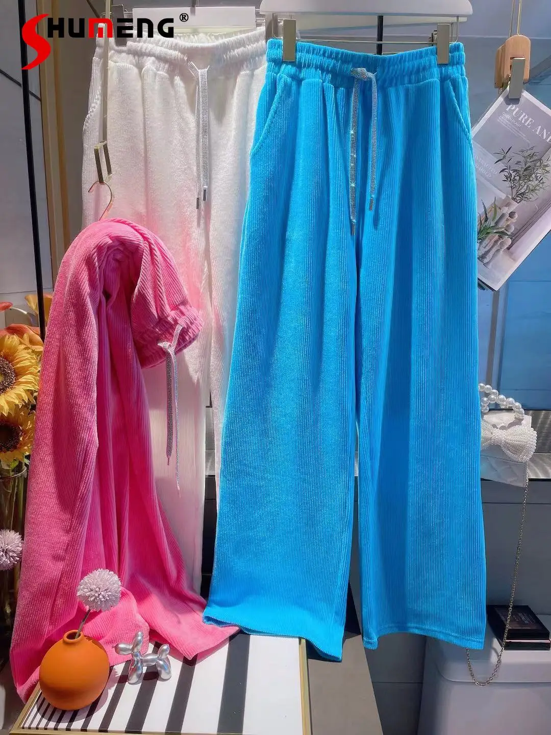 

Fashion Pink Corduroy Pants Hot Drilling Tied Elastic Waist Slimming Casual Wide Leg Pants Women 2022 Fall Winter New Pantalones