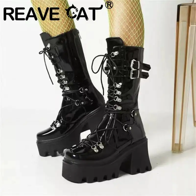 

2022 New Brand Design Cool Block Great Quality Gothic Style Buckle Strap Woman Chunky Platform Cosy Midcalf Boots Big Size 42 43