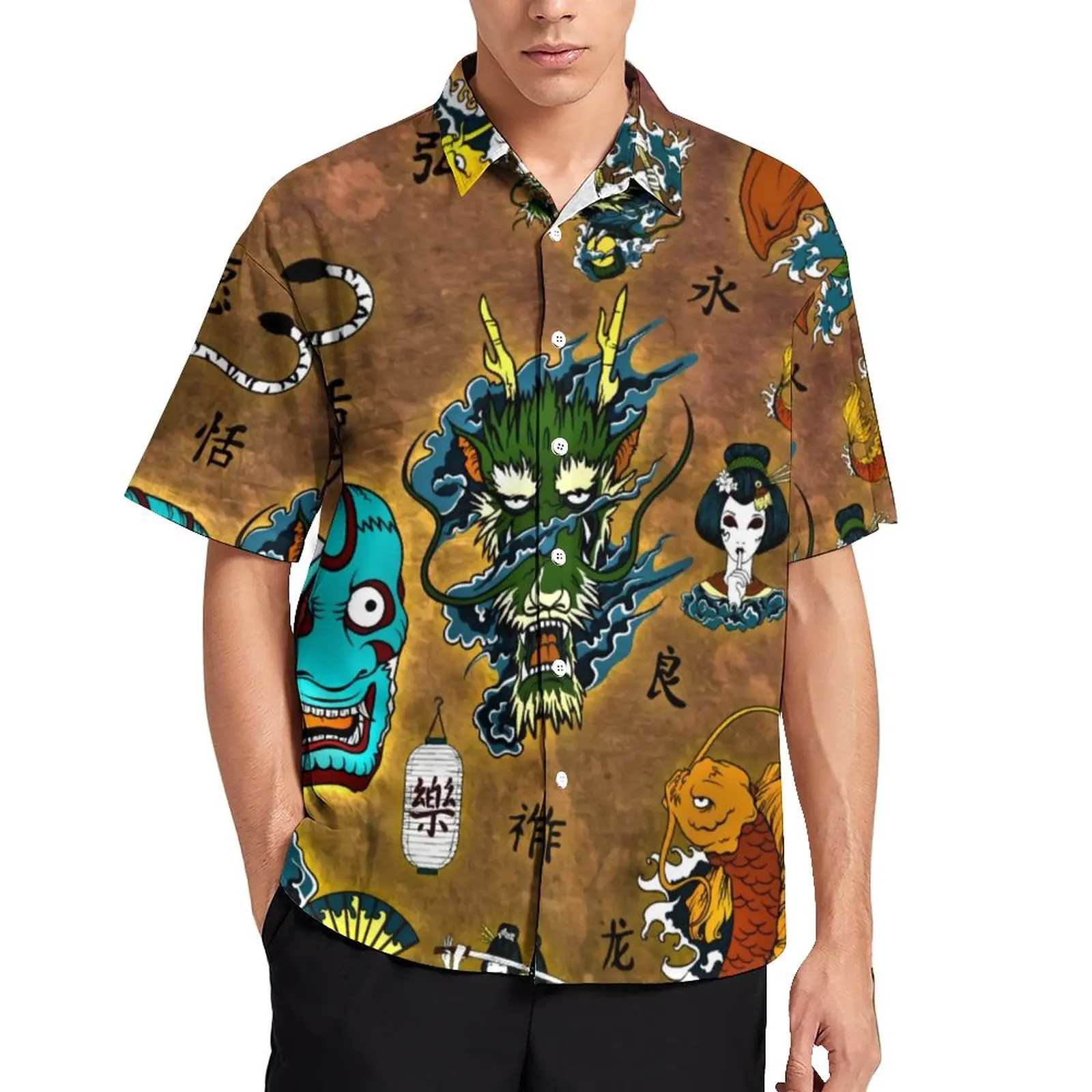 

Cartoon Dragon Vacation Shirt Men Japanese Theme Print Casual Shirts Hawaiian Short-Sleeve Y2K Oversize Blouses Birthday Present