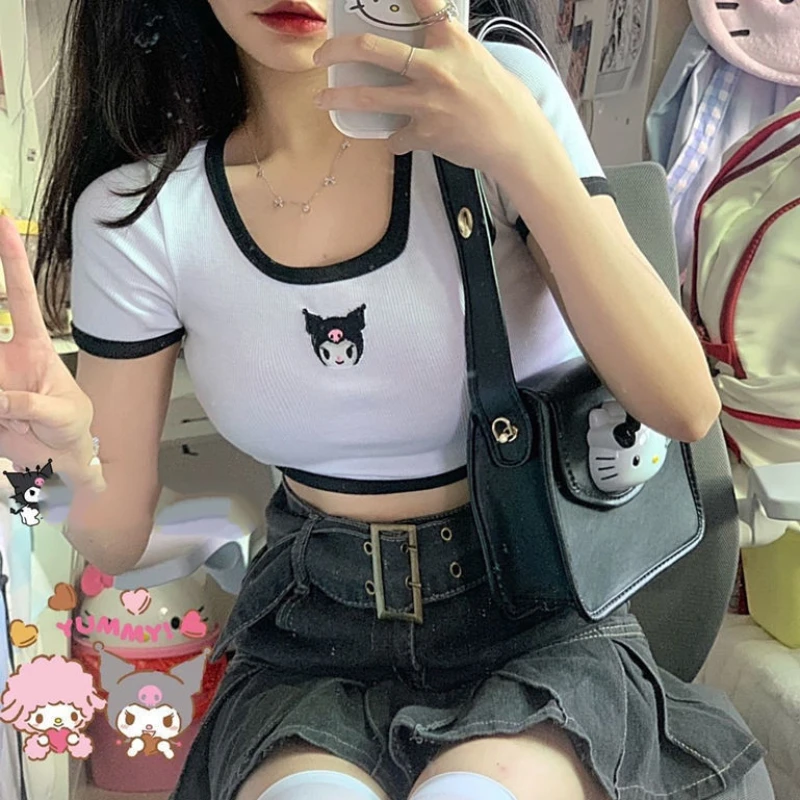 

Sanrio Kulomi Hot Girl Short T-Shirt Short Sleeve 2022 New Summer Slim Fit Thin Casual Top Women Clothing Y2k Top Aesthetic