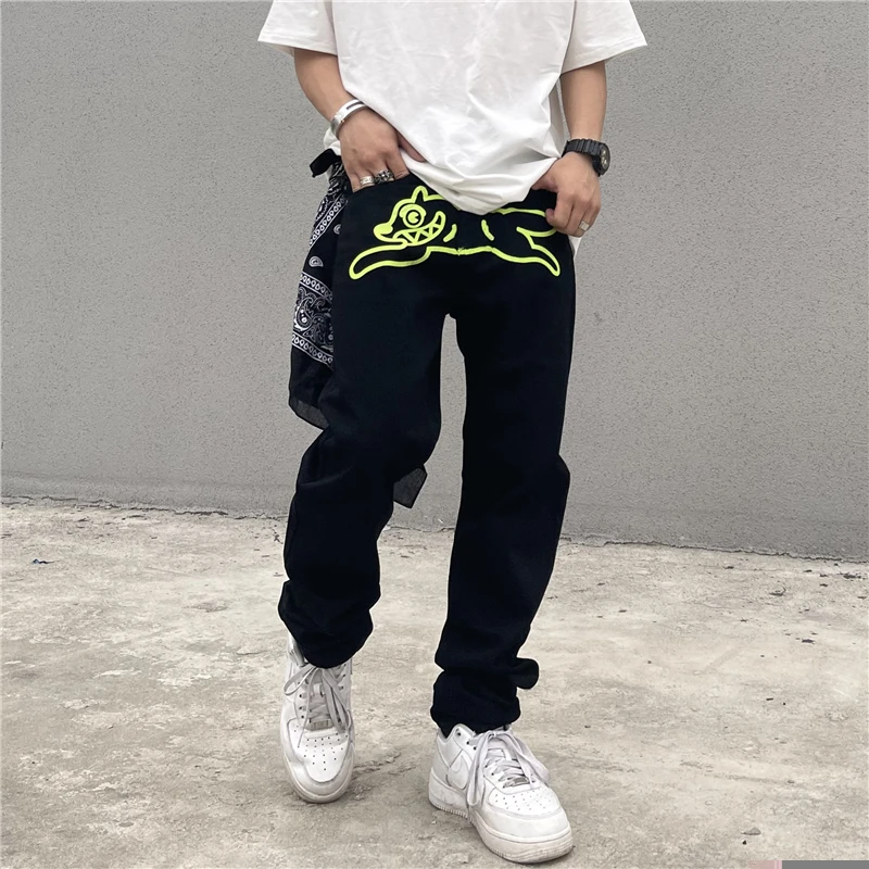 Oversize Casual Denim Trousers Harajuku Washed Hip Hop Jean Pants Skeleton Dog Embroidery Baggy Jeans Men Retro High Street