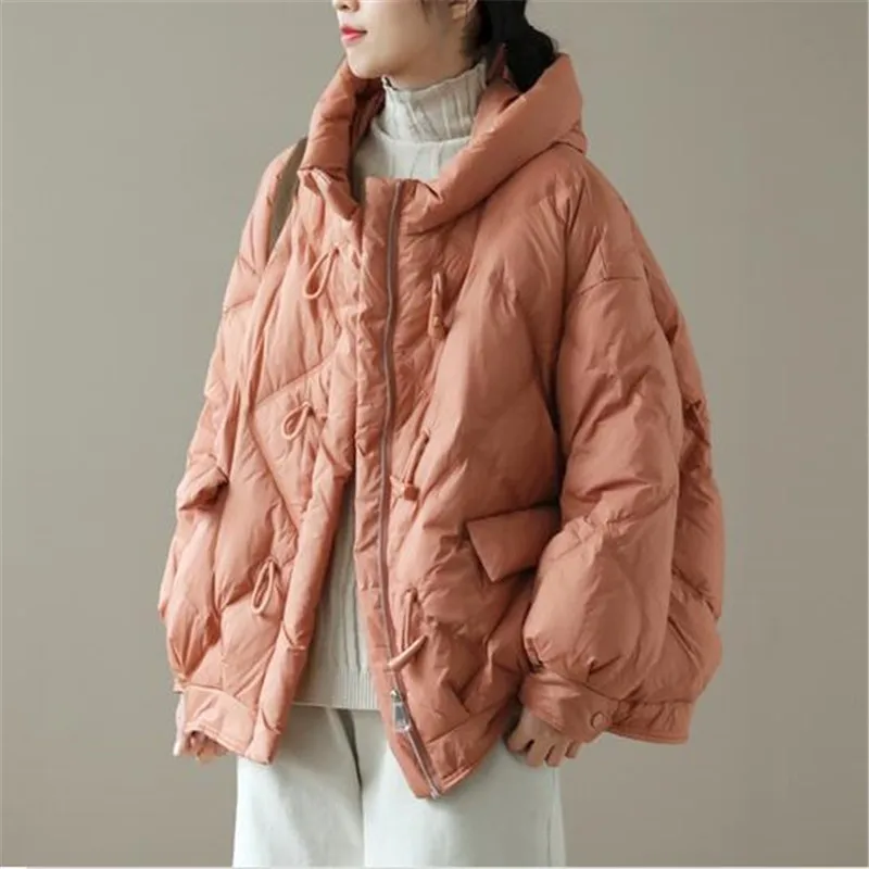 

Women White Duck Down Jacket Vintage Loose Over Size Horn Button Coat Hood Warm Autumn Winter with Drawstring Outwear