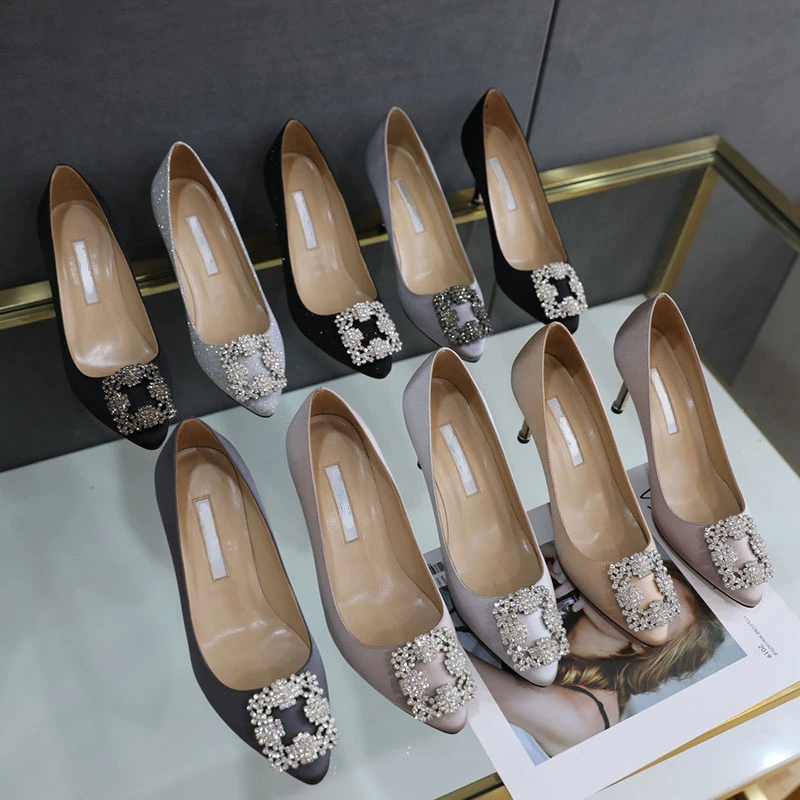 

2023 New Shallow Mouth High Heels Female Pointed Square Buckle Rhinestone Stiletto Spring and Autumn Single Shoes Wedding Shoes