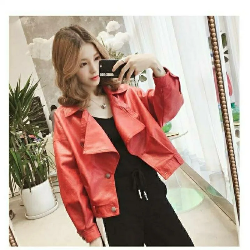 Vintage PU Leather Jacket Red 2022 Spring New Casual Short Motorcycle Leather Coat Loose Leather Coat Women Chaquetas Coats