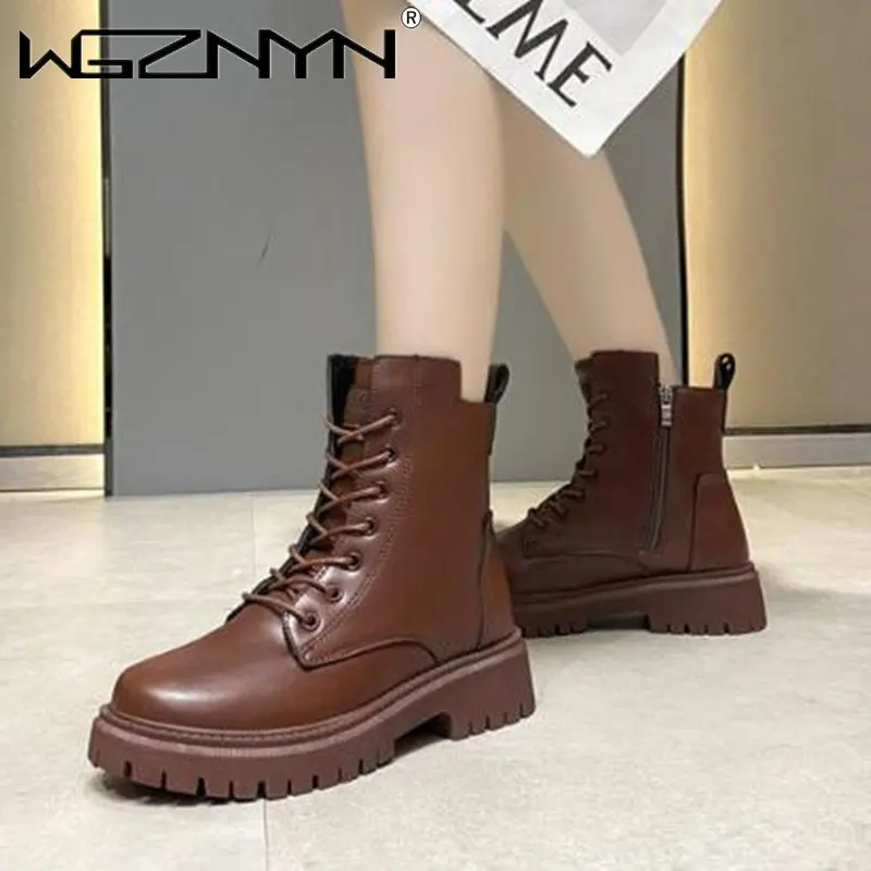 

Женские ботильоны из искусственной кожи, на шнуровке, на молнии, платформе, короткие сапоги на плоской толстой нескользящей подошве, модная офисная обувь для женщин