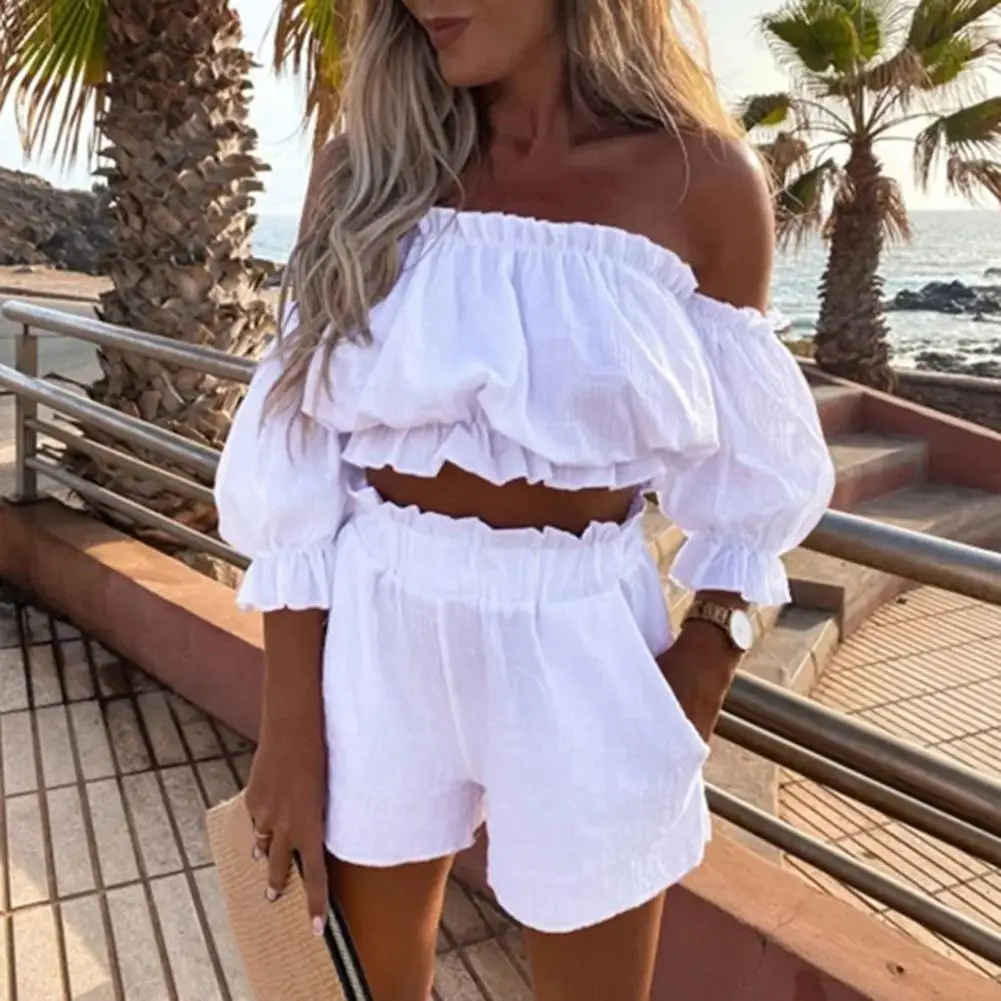 

Women Casual Short Sleeve Outfit 2023 Summer Fashion One-Word Collar Lantern Sleeve Pocket Suit Female Top Shorts Two Pieces Set