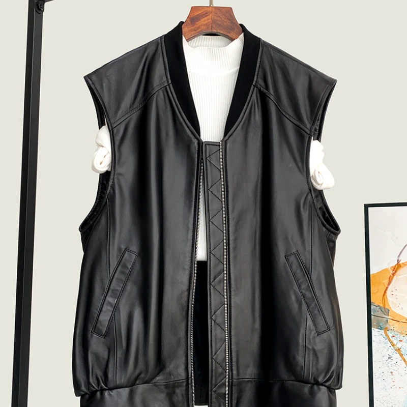 Autumn Winter 2022 New Genuine Leather Wallet Women's Loose Slim Vest Fashion Versatile V-neck Sleeveless Coat Chaquetas CJK573